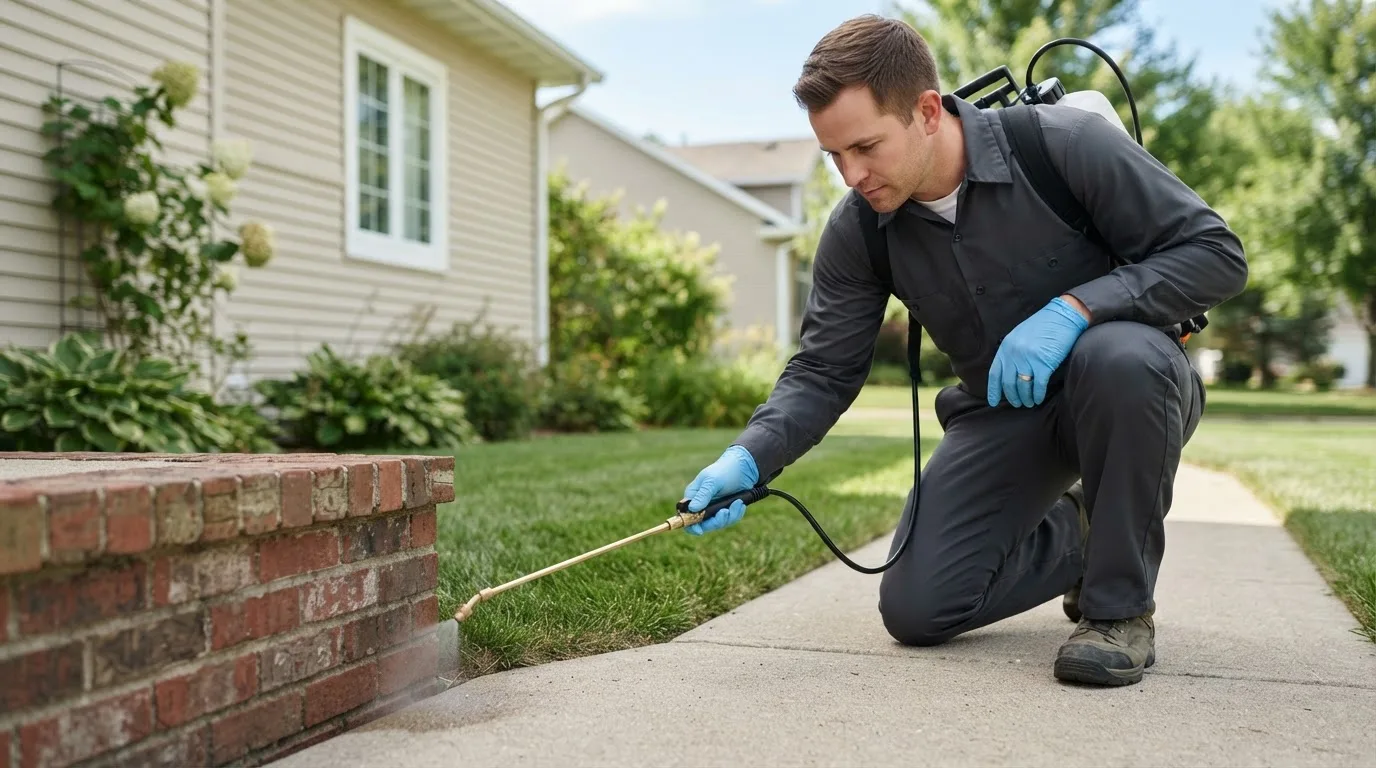 Pest control technician treating a home near Mokena, IL