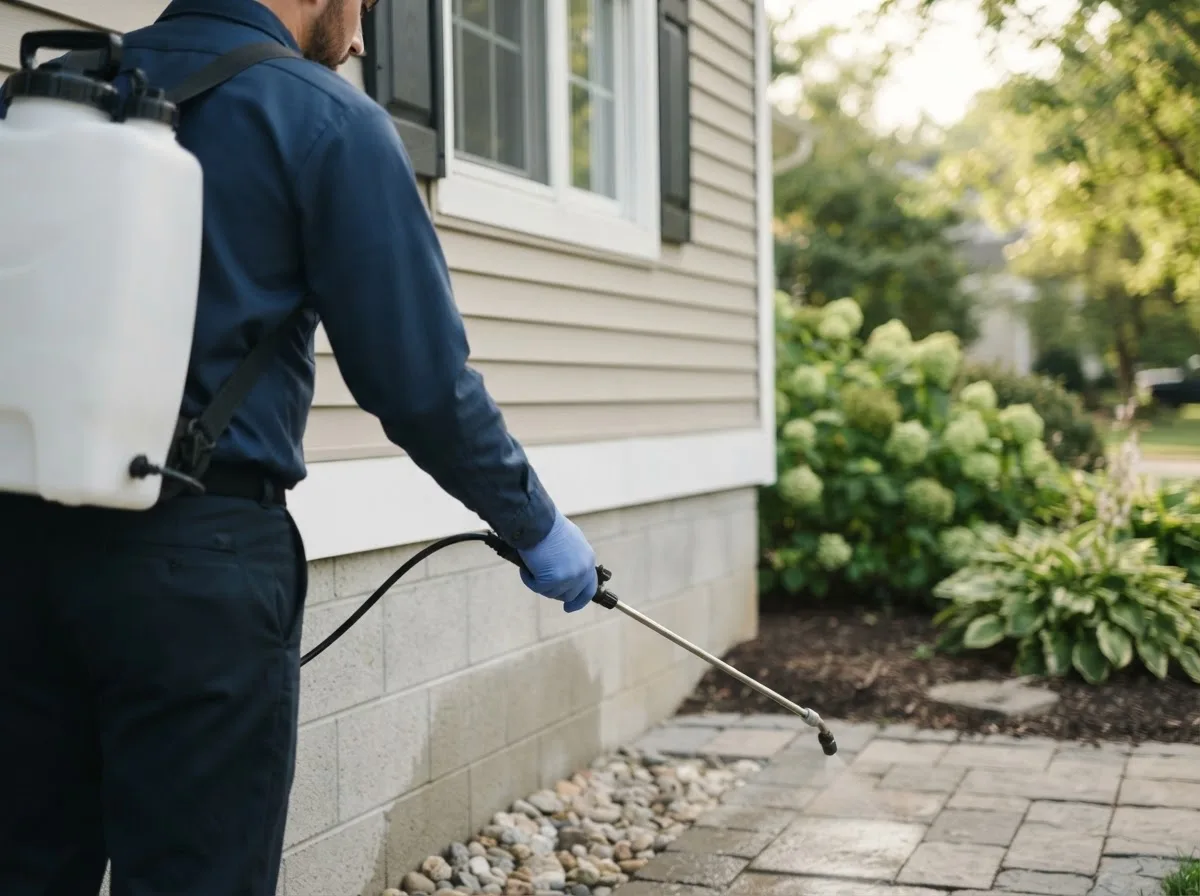 Pest control technician inspecting a home in Mokena, IL